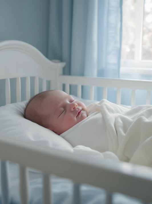 En fridfull bebis som sover djupt i en vit spjälsäng. Rummet är ljust med mjuka blå toner, vilket skapar en känsla av absolut lugn och trygghet